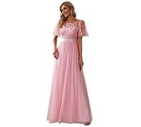 Ever-Pretty Women's Short Sleeve Embroidery Empire Waist A Line Floor Length Elegant Long Mother of The Bride Dresses Pink 22UK