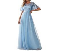 Ever-Pretty Women's Short Sleeve Embroidery Empire Waist A Line Floor Length Elegant Long Mother of The Bride Dresses Sky Blue 22UK