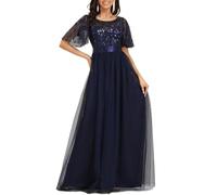 Ever-Pretty Women's Short Sleeve Embroidery Empire Waist A Line Floor Length Elegant Long Mother of The Bride Dresses Navy Blue 22UK
