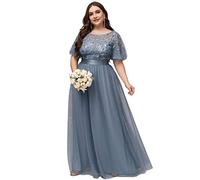 Ever-Pretty Women's Short Sleeve Embroidery Empire Waist A Line Floor Length Elegant Long Mother of The Bride Dresses Denim Blue 22UK