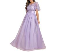 Ever-Pretty Women's Short Sleeve Embroidery Empire Waist A Line Floor Length Elegant Long Wedding GuestEvening Party Dresses Lavender Purple 22UK