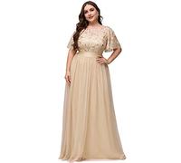 Ever Pretty Women's Short Sleeve Empire Wiast A Line Long Tulle Elegant Plus Size Wedding Guest Dresses Gold 22UK