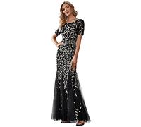 Ever-Pretty Women's Short Sleeve Scoop Neckline Emboried Sequin Mermaid Elegant Maxi Wedding Guest Dresses Black Gold 26UK