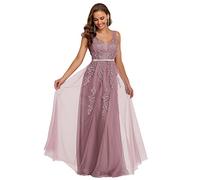 Ever-Pretty Women's Sleeveless Deep V Neck Tulle A Line with Appliques Floor Length Party Dresses Orchid 16UK