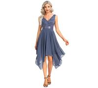 Ever-Pretty Women's Sleeveless V Neck Empire Waist A Line Lace Chiffon Knee Length Bridesmaid Dresses with Asymmetry Stormy 22UK