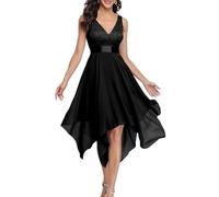 Ever-Pretty Women's Sleeveless V Neck Empire Waist A Line Lace Chiffon Knee Length Bridesmaid Dresses with Asymmetry Hem Black 26UK