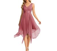 Ever-Pretty Women's Sleeveless V Neck Empire Waist A Line Lace Chiffon Knee Length Cocktail Evening Dresses with Asymmetry Hem Came Brown 24UK