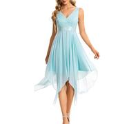 Ever-Pretty Women's Sleeveless V Neck Empire Waist A Line Lace Chiffon Knee Length Cocktail Evening Dresses with Asymmetry Hem Blue 24UK
