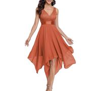 Ever-Pretty Women's Sleeveless V Neck Empire Waist A Line Lace Chiffon Knee Length Cocktail Evening Dresses with Asymmetry Hem Burnt Orange 18UK