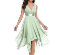 Ever-Pretty Women's Sleeveless V Neck Empire Waist A Line Lace Chiffon Midi Cocktail Evening Dresses with Asymmetry Hem Mint Green 20UK