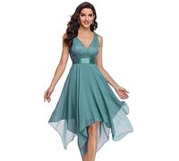 Ever-Pretty Women's Sleeveless V Neck Empire Waist A Line Lace Chiffon Midi Cocktail Evening Dresses with Asymmetry Hem Dusty Blue 18UK