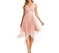 Ever-Pretty Women's Sleeveless V Neck Empire Waist A Line Lace Chiffon Midi Prom Evening Dresses with Asymmetry Hem Pink 8UK