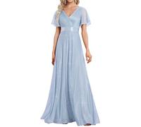 Ever-Pretty Women's Sparkling Ruffles Sleeve Deep V-Neck Empire Waist A-Line Bridesmaid Dress Ice Blue 20UK