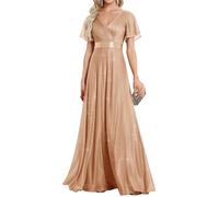 Ever-Pretty Women's Sparkling Ruffles Sleeve Deep V-Neck Empire Waist A-Line Bridesmaid Dress Rose Gold 20UK