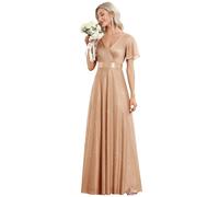 Ever-Pretty Women's Sparkling Ruffles Sleeve Deep V-Neck Empire Waist A-Line Bridesmaid Dress Rose Gold 18UK