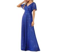 Ever-Pretty Women's Sparkling Ruffles Sleeve Deep V-Neck Empire Waist A-Line Bridesmaid Dress Sapphire Blue 20UK