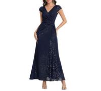 Ever-Pretty Women's Sparkly Sequin Evening Gown Short Sleeve Ruched Formal Evening Party Dress for Wedding Guest Navy Blue 22