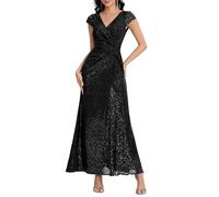 Ever-Pretty Women's Sparkly Sequin Evening Gown Short Sleeve Ruched Formal Evening Party Dress for Wedding Guest Black 12