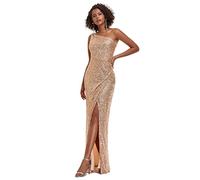 Ever-Pretty Women's Strapless One Shoulder Bodycon Floor Length Sequins Prom Evening Dresses with Side Slit Champagne 8UK