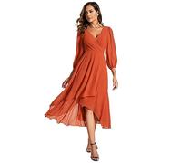 Ever-Pretty Women's V Neck 3/4 Sleeves Pleated A-Line Petite Dresses for Women Wedding Guest Burnt Orange 18UK