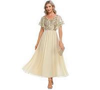 Ever-Pretty Women's V Neck Cap Sleeves Chiffon Floor Length Mother of The Bride Dresses Gold 10UK
