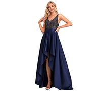Ever-Pretty Women's V Neck Elegant A Line Hi-Low Empire Waist Satin Skirt Long Ball Evening Dresses with Sequin Navy Blue 14UK