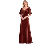 Ever-Pretty Women's V Neck Elegant Floor Length Short Sleeves Vintage Velvet Wedding Party Dresses Brick Red 24UK