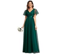 Ever-Pretty Women's V Neck Floor Length A Line Empire Wasit Short Sleeve Tulle Long Bridesmaid Dresses Dark Green 14UK