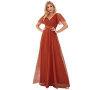 Ever-Pretty Women's V Neck Floor Length A Line Empire Wasit Short Sleeve Tulle Long Bridesmaid Dresses Burnt Orange 16UK