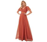 Ever-Pretty Women's V Neck Floor Length A Line Empire Wasit Short Sleeve Tulle Long Bridesmaid Dresses Burnt Orange 18UK