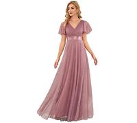 Ever-Pretty Women's V Neck Floor Length A Line Empire Wasit Short Sleeve Tulle Long Bridesmaid Dresses 07962