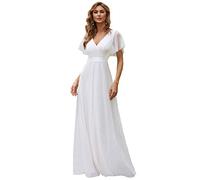 Ever-Pretty Women's V Neck Floor Length A Line Empire Wasit Short Sleeve Tulle Long Bridesmaid Dresses White 30UK