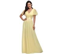 Ever-Pretty Women's V Neck Floor Length A Line Empire Wasit Short Sleeve Tulle Long Bridesmaid Dresses Yellow 20UK