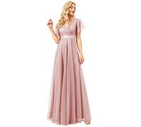 Ever-Pretty Women's V Neck Floor Length A Line Empire Wasit Short Sleeve Tulle Long Bridesmaid Dresses 07962