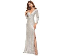 Ever-Pretty Women's V Neck Floor Length Long Sleeve Thigh High Slit Sequin Mermaid Evening Dresses Champagne 18UK