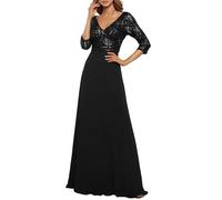 Ever-Pretty Women's V Neck Long Sleeve Elegant A Line Floor Length Long Chiffon Evening Dresses with Sequin Black 24UK