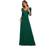 Ever-Pretty Women's V Neck Long Sleeve Elegant A Line Floor Length Long Chiffon Evening Party Dresses with Sequin Dark Green 24UK