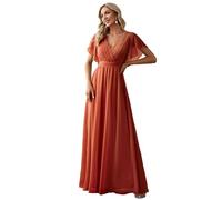 Ever-Pretty Women's V-Neck Ruffle Sleeves Ruched Bust Chiffon Floor Length Bridesmaid Dresses Burnt Orange 6UK