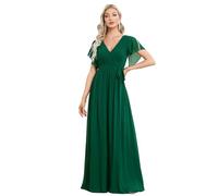 Ever-Pretty Women's V-Neck Ruffle Sleeves Ruched Bust Chiffon Floor Length Bridesmaid Dresses Dark Green 6UK