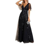 Ever-Pretty Women's V Neck Short Sleeve Elegant Floor Length A Line Long Tulle Evening Dresses Black 8UK