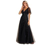 Ever-Pretty Women's V Neck Short Sleeve Elegant Floor Length A Line Long Tulle Evening Dresses Black 26UK