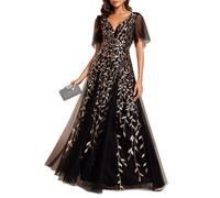Ever-Pretty Women's V Neck Short Sleeve Elegant Floor Length A Line Long Tulle Evening Dresses Black Gold 14UK