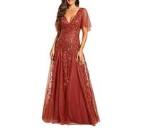 Ever-Pretty Women's V Neck Short Sleeve Elegant Floor Length A Line Long Tulle Evening Dresses Burnt Orange 14UK