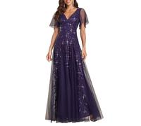 Ever-Pretty Women's V Neck Short Sleeve Elegant Floor Length A Line Long Tulle Evening Dresses Dark Purple 18UK