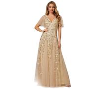 Ever-Pretty Women's V Neck Short Sleeve Elegant Floor Length A Line Long Tulle Evening Dresses Gold 8UK