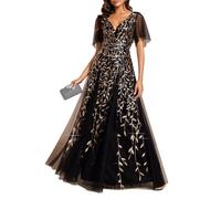 Ever-Pretty Women's V Neck Short Sleeve Elegant Floor Length A Line Long Tulle Evening Dresses Plus Size Black Gold 30UK