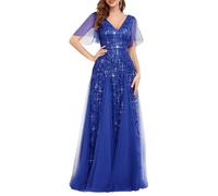 Ever-Pretty Women's V Neck Short Sleeve Elegant Floor Length A Line Long Tulle Evening Dresses Sapphire Blue 30UK