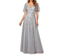 Ever-Pretty Women's V Neck Short Sleeve Elegant Floor Length A Line Long Tulle Evening Dresses Silver 18UK