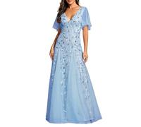 Ever-Pretty Women's V Neck Short Sleeve Elegant Floor Length A Line Long Tulle Evening Dresses Sky Blue 24UK
