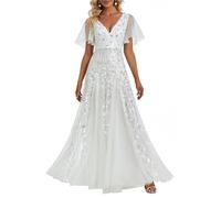 Ever-Pretty Women's V Neck Short Sleeve Elegant Floor Length A Line Long Tulle Evening Dresses White 24UK